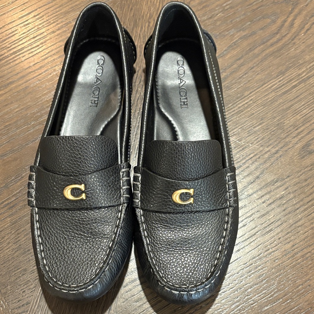 Coach Sculpted Black Leather Loafers with Gold Accent
